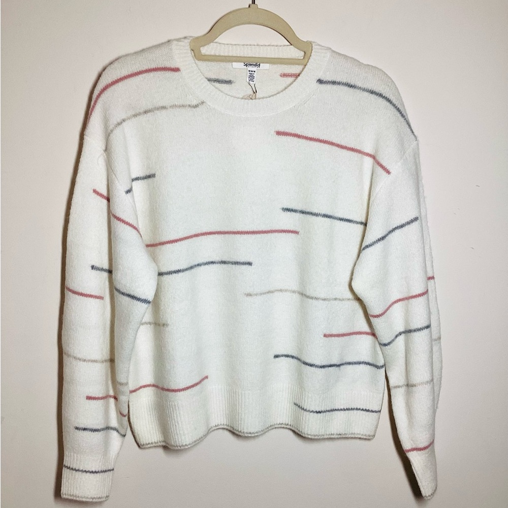 SPLENDID Wool Sweater Quinn M Broken Stripe Cream taupe gray pink Pullover NWT